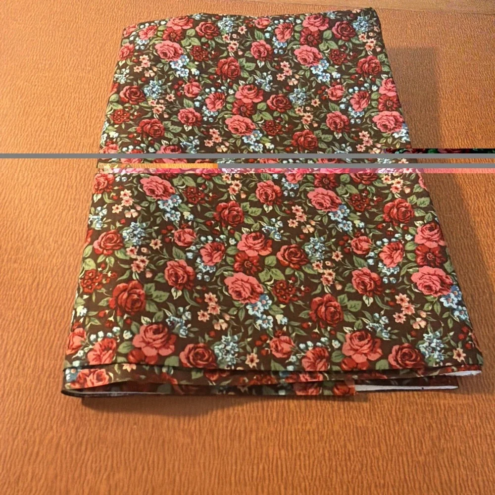 Vtg Red Pink Roses On Brown With Blue Flowers 1.5 Yards By MBT